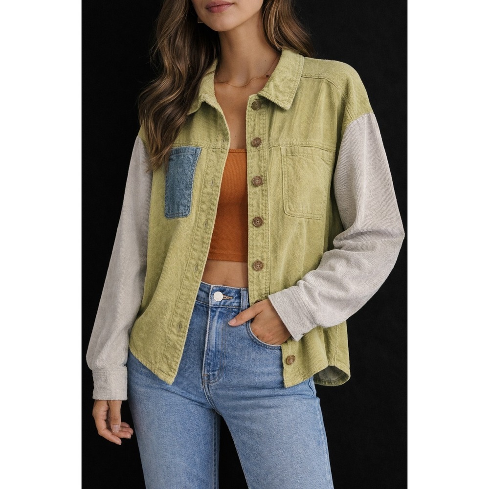LA Hearts Corduroy Shacket‎ XS/S Chartreuse Green Colorblock Button Jacket